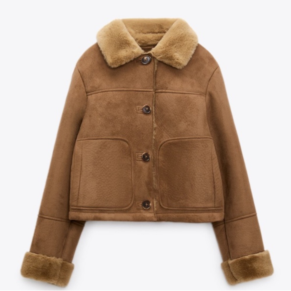 Zara Tan Shearling-Trim Button Jacket